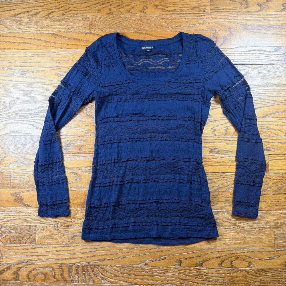 Coquette Lace Romantic Top Small Express Navy Blue Tiered Scoop Neck Long Sleeve